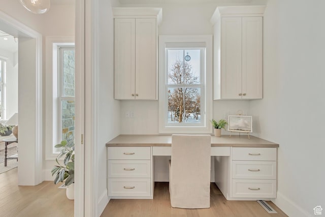 70 E Deer Meadow Ct, Woodland Hills, UT 84653 - home office with built in study area, baseboards, light wood-style floors, and visible vents