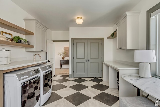 70 E Deer Meadow Ct, Woodland Hills, UT 84653 - kitchen featuring light floors, light countertops, open shelves, separate washer and dryer, and white cabinetry