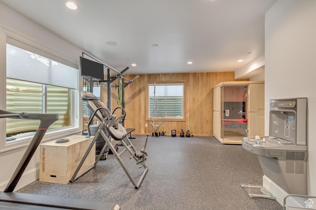 70 E Deer Meadow Ct, Woodland Hills, UT 84653 - workout room featuring wooden walls, baseboards, and recessed lighting