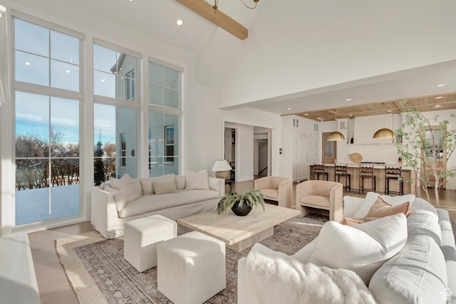 70 E Deer Meadow Ct, Woodland Hills, UT 84653 - living area with light wood-type flooring, a high ceiling, recessed lighting, and beamed ceiling