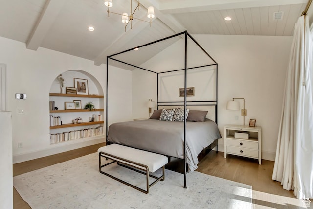 70 E Deer Meadow Ct, Woodland Hills, UT 84653 - bedroom with wood finished floors, lofted ceiling with beams, a chandelier, baseboards, and recessed lighting
