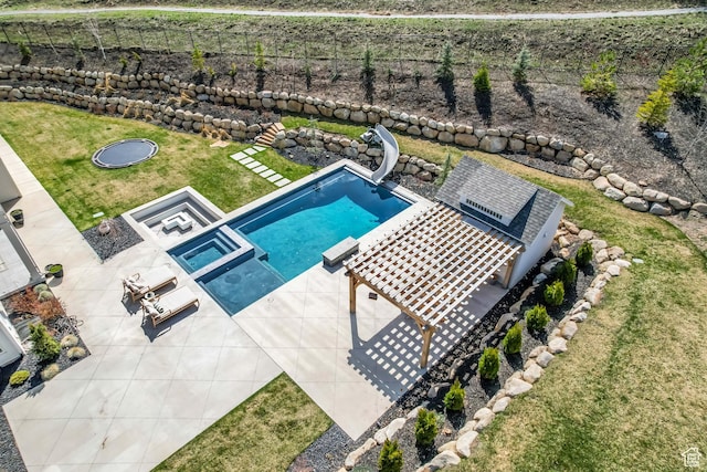 70 E Deer Meadow Ct, Woodland Hills, UT 84653 - view of pool featuring a fenced backyard, a water slide, a yard, a pool with connected hot tub, and a patio