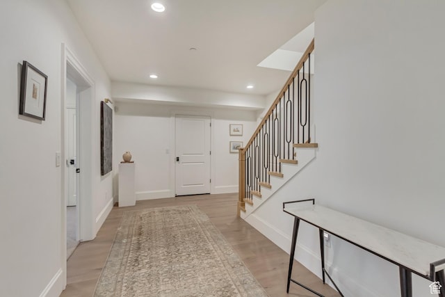 70 E Deer Meadow Ct, Woodland Hills, UT 84653 - entrance foyer with baseboards, recessed lighting, light wood-style floors, and stairway