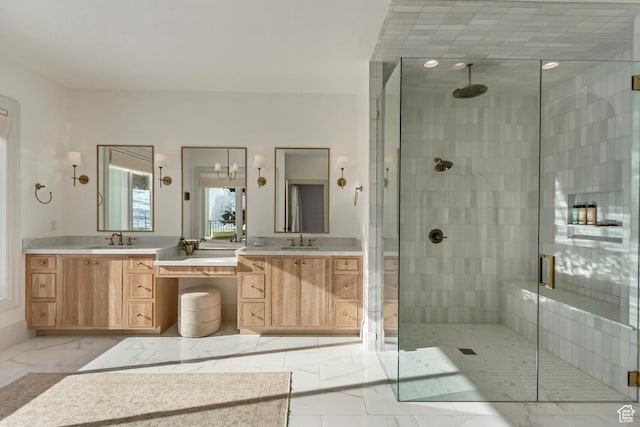 70 E Deer Meadow Ct, Woodland Hills, UT 84653 - bathroom featuring marble finish floor, vanity, and a stall shower