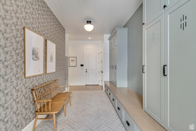 70 E Deer Meadow Ct, Woodland Hills, UT 84653 - mudroom with wallpapered walls, wooden ceiling, baseboards, and brick floor