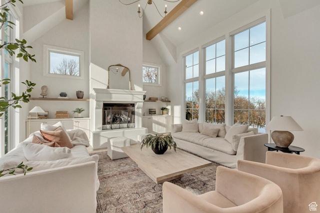 70 E Deer Meadow Ct, Woodland Hills, UT 84653 - living area with recessed lighting, wood finished floors, beamed ceiling, a fireplace, and high vaulted ceiling