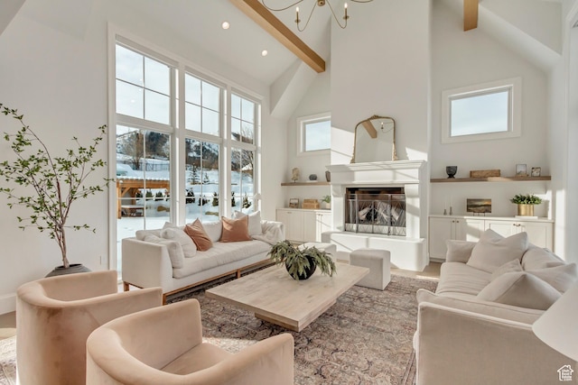70 E Deer Meadow Ct, Woodland Hills, UT 84653 - living area with high vaulted ceiling, a notable chandelier, beamed ceiling, and recessed lighting