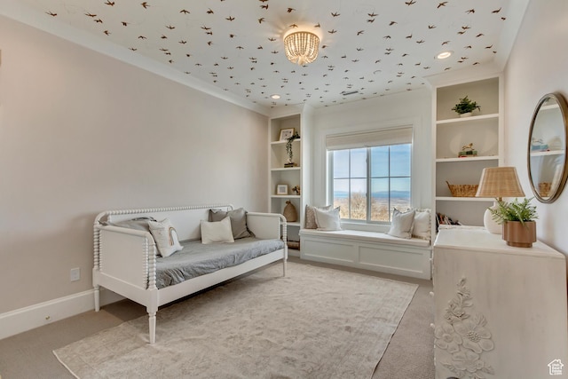 70 E Deer Meadow Ct, Woodland Hills, UT 84653 - sitting room with light carpet, baseboards, built in features, and a notable chandelier