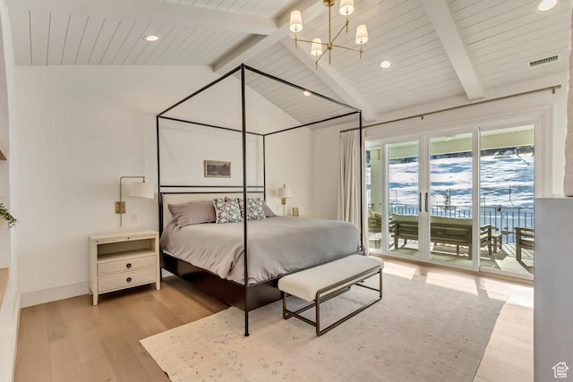 70 E Deer Meadow Ct, Woodland Hills, UT 84653 - bedroom featuring lofted ceiling with beams, an inviting chandelier, wood finished floors, and access to outside