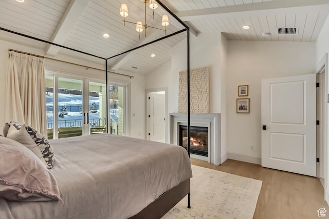 70 E Deer Meadow Ct, Woodland Hills, UT 84653 - bedroom with vaulted ceiling with beams, baseboards, visible vents, light wood-style floors, and access to outside