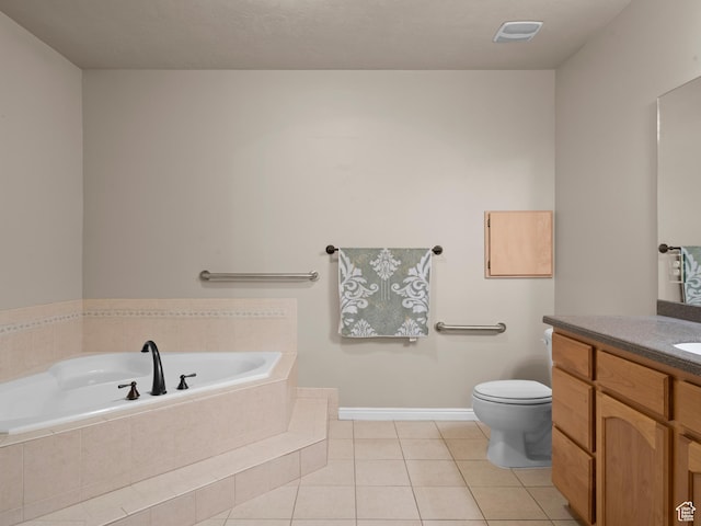 full bath with visible vents, a bath, toilet, vanity, and tile patterned floors