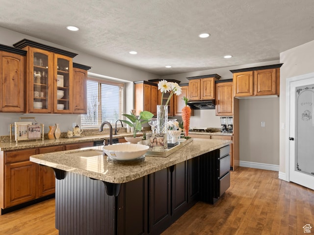 kitchen featuring glass insert cabinets, under cabinet range hood, a kitchen island with sink, brown cabinetry, and a sink