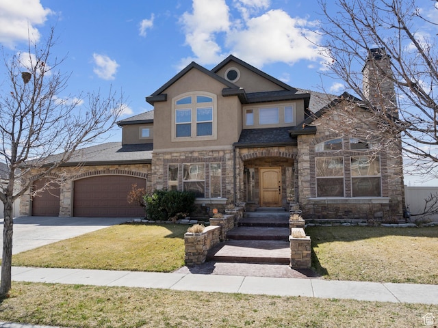 view of front of house featuring concrete driveway, stucco siding, stone siding, and an attached garage