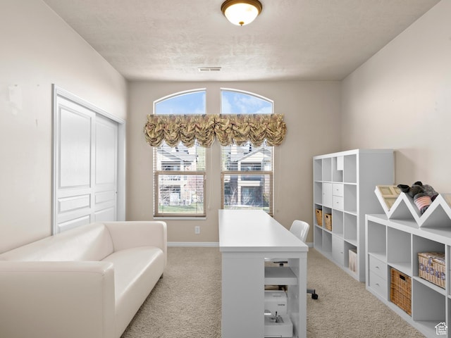 office area featuring a textured ceiling, light colored carpet, and visible vents