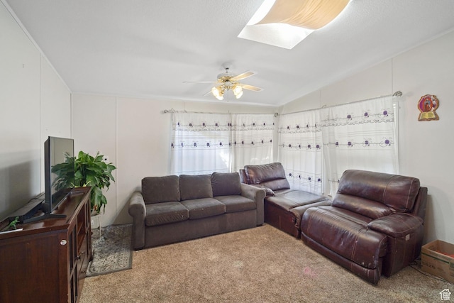 5801 S 7100 W, Hooper, UT 84315 - living area with carpet floors, a ceiling fan, and lofted ceiling with skylight