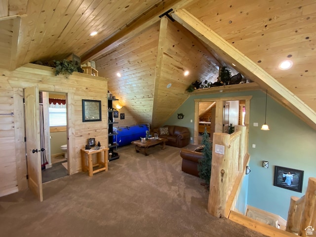 bonus room featuring vaulted ceiling with beams, carpet, and wood ceiling