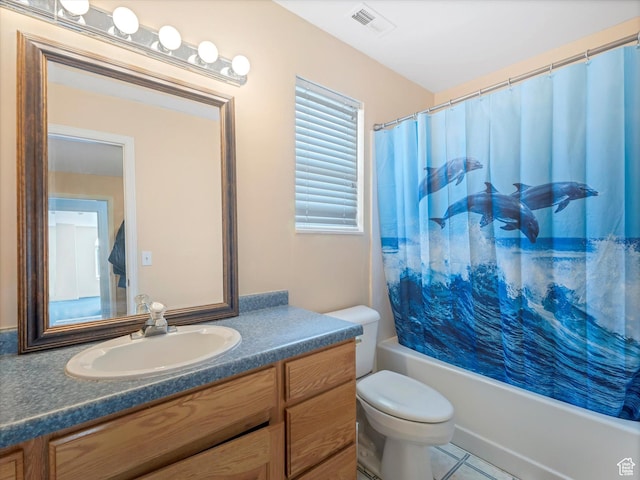 4572 W Bingham Park Dr S, West Jordan, UT 84088 - full bathroom featuring shower / bathtub combination with curtain, vanity, visible vents, toilet, and tile patterned floors