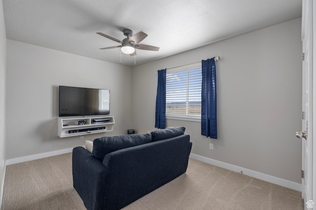 7091 N Oquirrh Ranch Pkwy, Eagle Mountain, UT 84005 - carpeted living room with baseboards, a ceiling fan, and a textured ceiling
