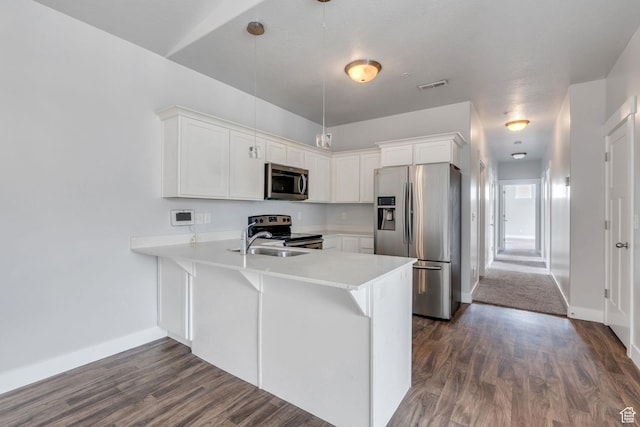 108 W Seasons Dr, Vineyard, UT 84059 - kitchen featuring a peninsula, visible vents, light countertops, stainless steel appliances, and dark wood-style floors