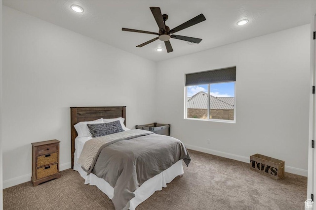 bedroom with ceiling fan, recessed lighting, baseboards, and carpet floors