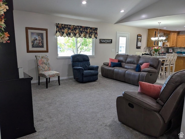 641 W 3550 S, Riverdale, UT 84405 - carpeted living room with recessed lighting, baseboards, lofted ceiling, and a chandelier