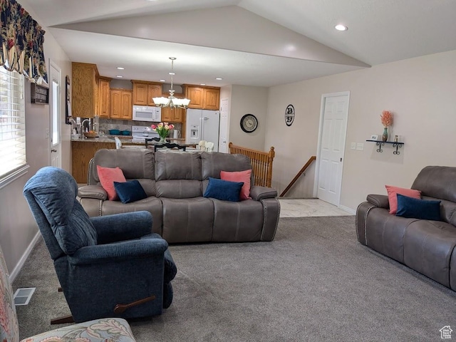 641 W 3550 S, Riverdale, UT 84405 - living room with light colored carpet, a chandelier, lofted ceiling, and recessed lighting