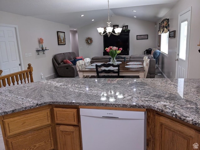641 W 3550 S, Riverdale, UT 84405 - kitchen featuring white dishwasher, vaulted ceiling, a chandelier, stone counters, and open floor plan