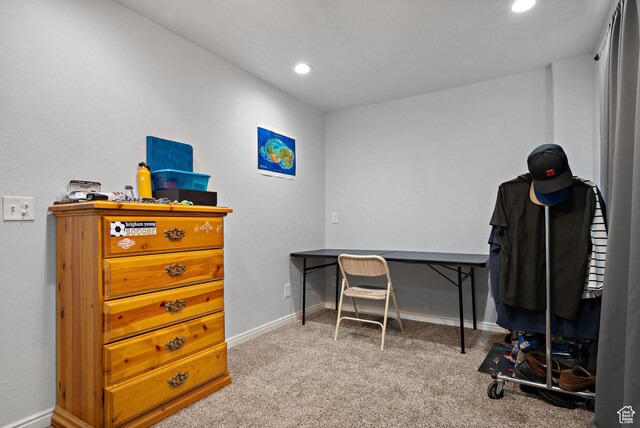 carpeted home office featuring baseboards and recessed lighting