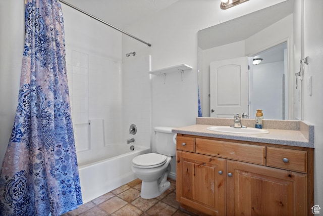 full bathroom featuring shower / tub combo, toilet, and vanity