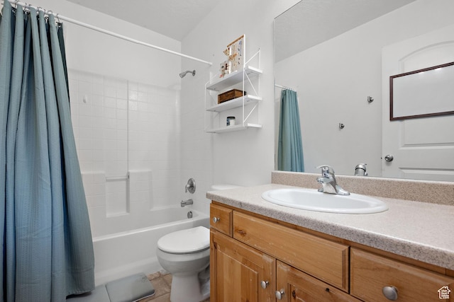 full bath with tile patterned flooring, toilet, vanity, and shower / bath combination with curtain