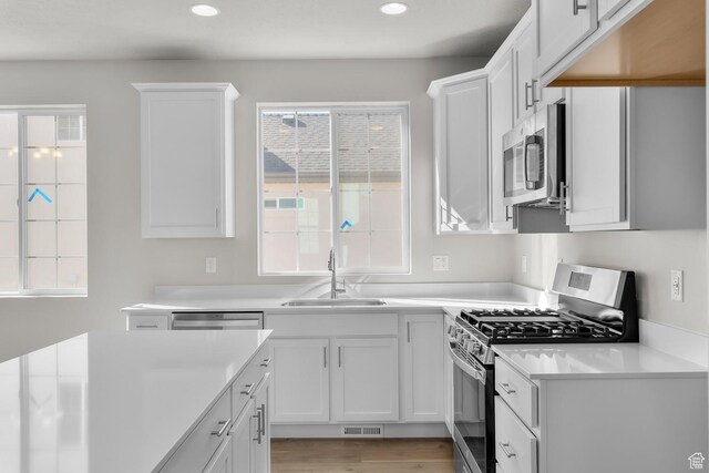 6633 N Price, Eagle Mountain, UT 84005 - kitchen with appliances with stainless steel finishes, a sink, white cabinetry, and visible vents