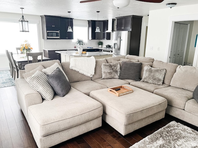 2770 S 9500 E, Jensen, UT 84035 - living area with dark wood-type flooring, a textured ceiling, and a ceiling fan