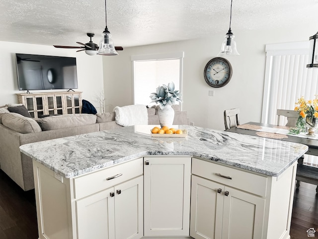 2770 S 9500 E, Jensen, UT 84035 - kitchen featuring open floor plan, a ceiling fan, dark wood-style floors, light stone countertops, and a kitchen island
