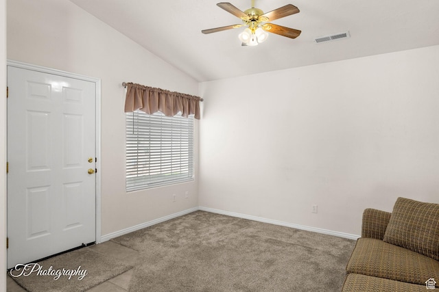 1360 E Telegraph St # 8, Washington, UT 84780 - interior space with baseboards, vaulted ceiling, a ceiling fan, carpet floors, and visible vents