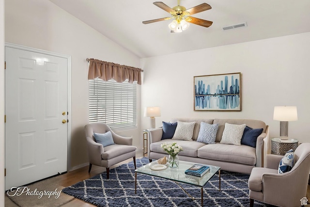 1360 E Telegraph St # 8, Washington, UT 84780 - living area featuring baseboards, vaulted ceiling, a ceiling fan, visible vents, and wood finished floors