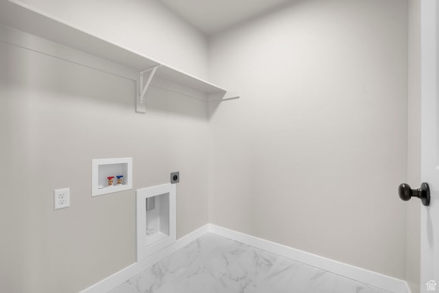 laundry room with laundry area, hookup for a washing machine, marble finish floor, hookup for an electric dryer, and baseboards