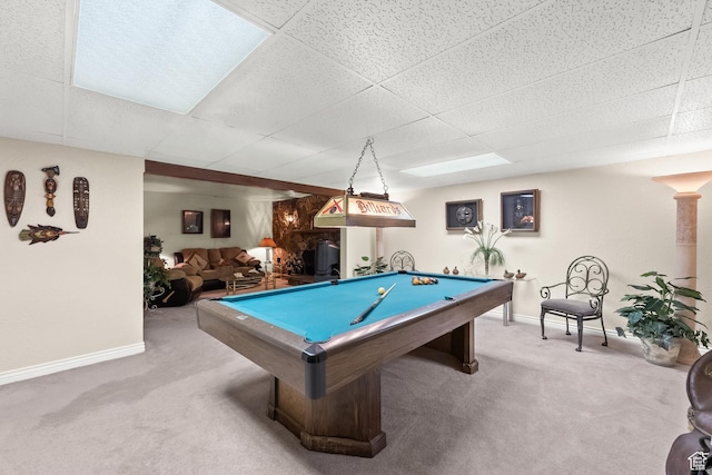 rec room featuring carpet floors, baseboards, a paneled ceiling, and pool table