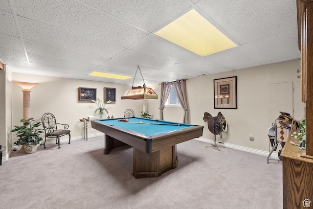 playroom featuring billiards, carpet, and baseboards