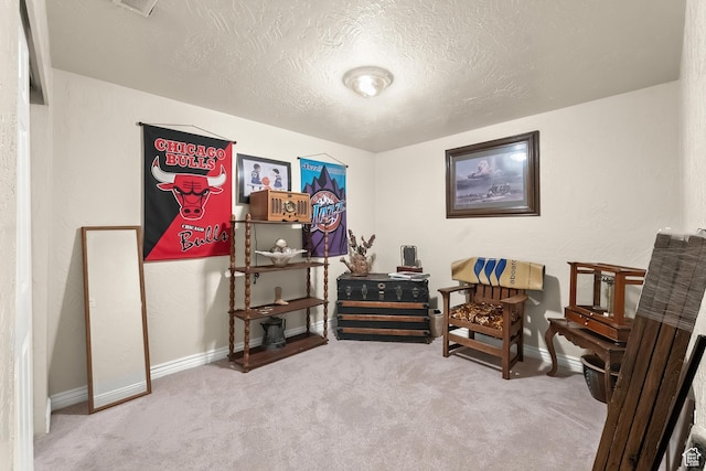 sitting room featuring a textured ceiling, baseboards, and carpet