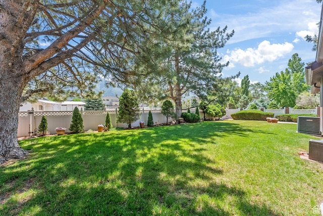 view of yard with cooling unit and a fenced backyard