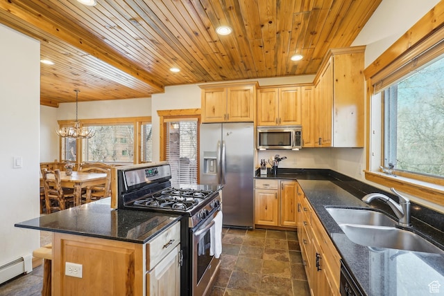 3931 Timber Wolf Ln Unit 7C, Park City, UT 84098 - kitchen featuring a kitchen island, appliances with stainless steel finishes, wooden ceiling, a sink, and a baseboard radiator