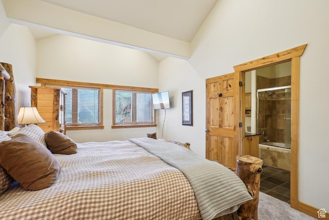 3931 Timber Wolf Ln Unit 7C, Park City, UT 84098 - bedroom featuring tile patterned flooring, ensuite bathroom, and lofted ceiling