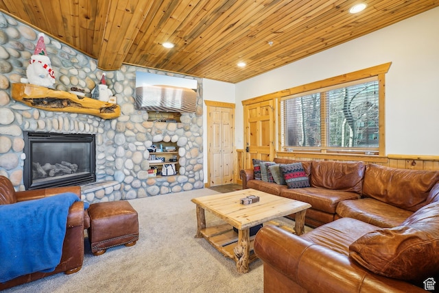3931 Timber Wolf Ln Unit 7C, Park City, UT 84098 - living room with carpet flooring, recessed lighting, wooden ceiling, and a fireplace