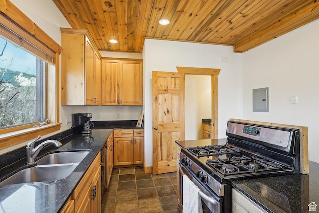 3931 Timber Wolf Ln Unit 7C, Park City, UT 84098 - kitchen featuring stainless steel range with gas stovetop, electric panel, dark stone countertops, wooden ceiling, and a sink