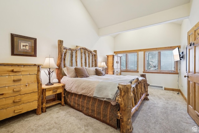 3931 Timber Wolf Ln Unit 7C, Park City, UT 84098 - bedroom with light colored carpet, a baseboard heating unit, baseboards, and lofted ceiling