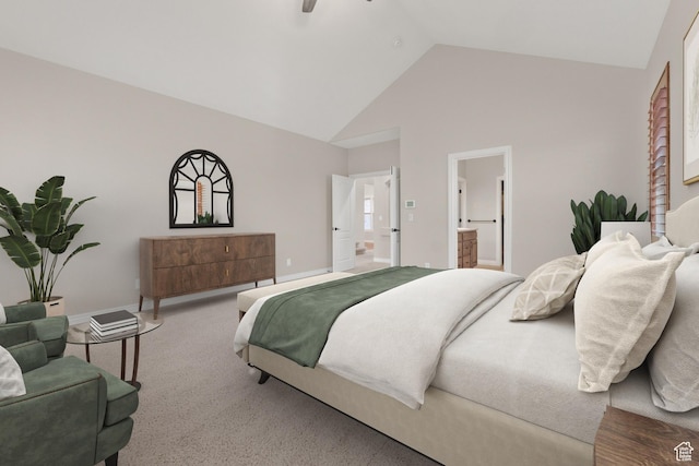 bedroom featuring carpet floors, high vaulted ceiling, ensuite bath, and a ceiling fan