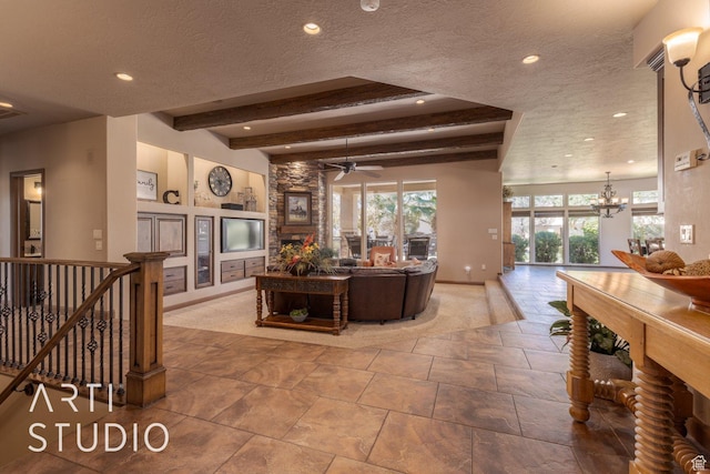 1285 Summerwood Cir, Santa Clara, UT 84765 - living room featuring beam ceiling, a textured ceiling, recessed lighting, and ceiling fan with notable chandelier