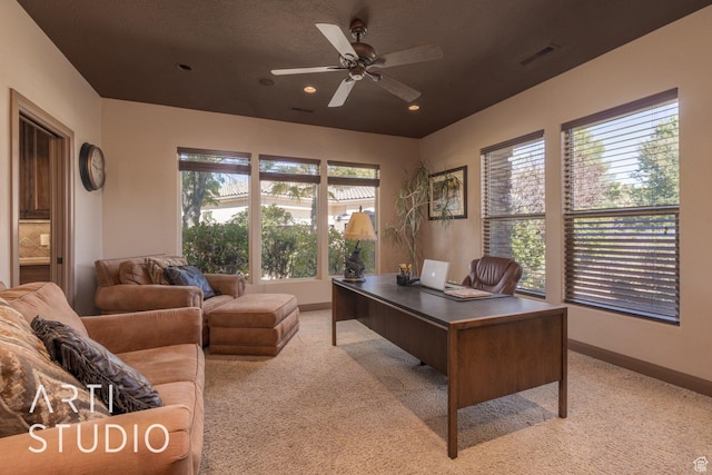1285 Summerwood Cir, Santa Clara, UT 84765 - office space with visible vents, ceiling fan, light carpet, and baseboards
