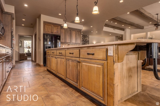 1285 Summerwood Cir, Santa Clara, UT 84765 - kitchen with recessed lighting, black fridge, a ceiling fan, a spacious island, and pendant lighting
