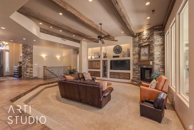 1285 Summerwood Cir, Santa Clara, UT 84765 - living room with beamed ceiling, a fireplace, decorative columns, a ceiling fan, and recessed lighting